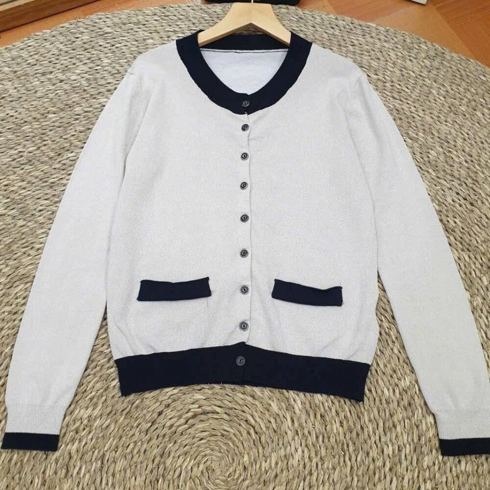 Cream Navy Trim Knit Button Cardigan